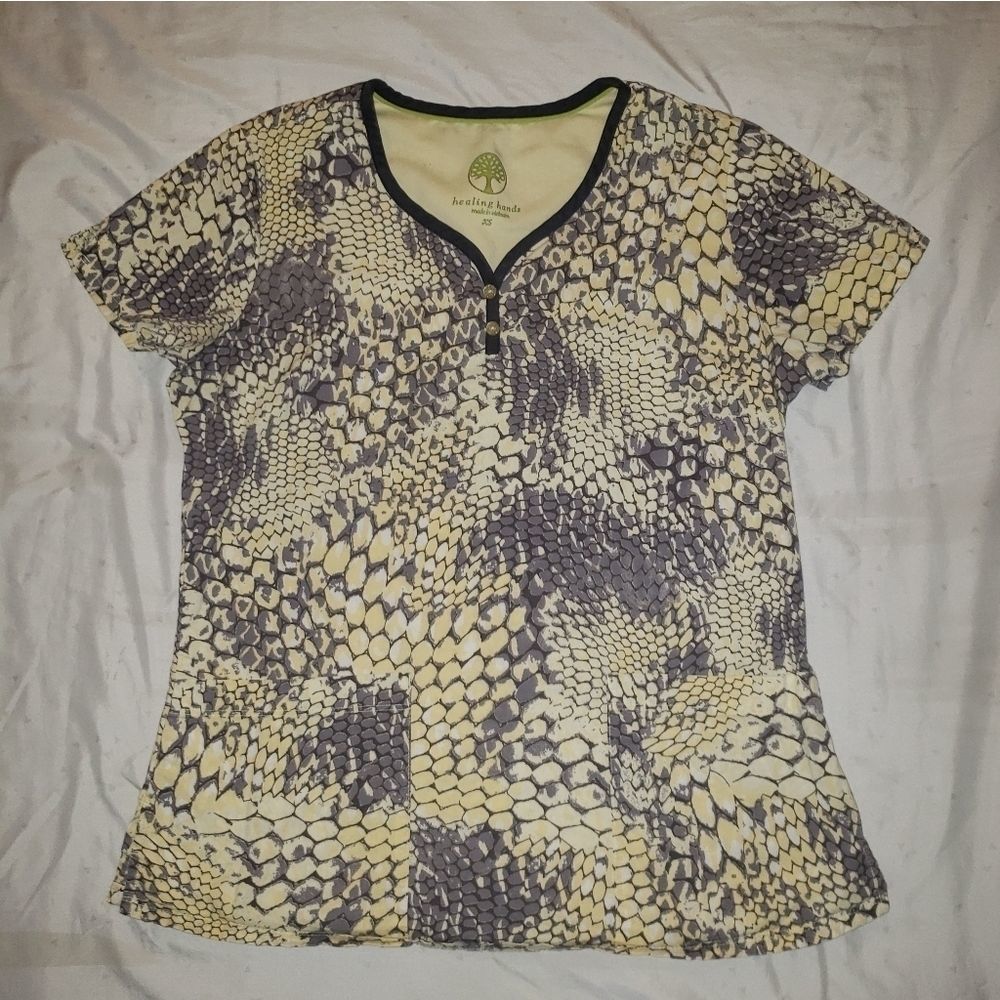 Healing Hands Scrub Top Yellow & Gray Snakeskin XS
